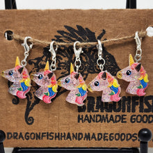 Load image into Gallery viewer, Sparkly Rainbow Unicorn Stitch Markers - set of 5