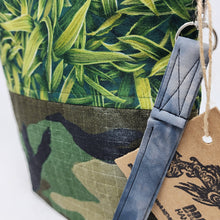 Load image into Gallery viewer, Freehand Machine Embriodered Camo remnant + Grass 10x11 Upcycled Project Bag - hand-dyed