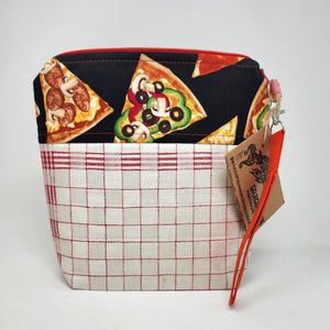 Freehand Machine Embriodered Vintage Kitchen Towel + Pizza Slices 10x10 Upcycled Project Bag - hand-dyed