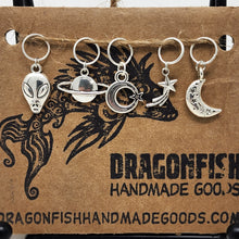 Load image into Gallery viewer, Metal Night Sky + UFO Stitch Markers - set of 5
