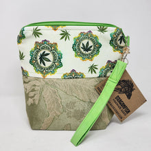 Load image into Gallery viewer, Freehand Machine Embroidered Brocade Tablecloth + Rainbow Psychedelic Cannabis 14.5x11, 10x11, 8x9 Upcycled Project Bags - hand-dyed