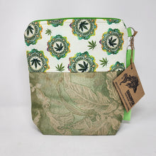 Load image into Gallery viewer, Freehand Machine Embroidered Brocade Tablecloth + Rainbow Psychedelic Cannabis 14.5x11, 10x11, 8x9 Upcycled Project Bags - hand-dyed