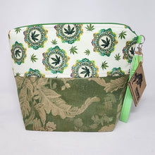 Load image into Gallery viewer, Freehand Machine Embroidered Brocade Tablecloth + Rainbow Psychedelic Cannabis 14.5x11, 10x11, 8x9 Upcycled Project Bags - hand-dyed