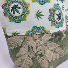 Load image into Gallery viewer, Freehand Machine Embroidered Brocade Tablecloth + Rainbow Psychedelic Cannabis 14.5x11, 10x11, 8x9 Upcycled Project Bags - hand-dyed