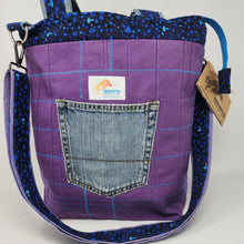 Load image into Gallery viewer, Purple Denim Swatch + Magic Mushrooms + Hand-dyed Bedsheeting Upcycled Tote Bag