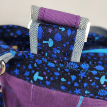 Load image into Gallery viewer, Purple Denim Swatch + Magic Mushrooms + Hand-dyed Bedsheeting Upcycled Tote Bag