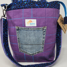 Load image into Gallery viewer, Purple Denim Swatch + Magic Mushrooms + Hand-dyed Bedsheeting Upcycled Tote Bag