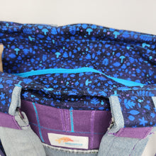 Load image into Gallery viewer, Purple Denim Swatch + Magic Mushrooms + Hand-dyed Bedsheeting Upcycled Tote Bag