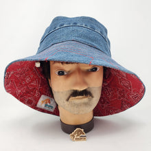 Load image into Gallery viewer, Blue Denim Jeans + Red Bandana Fabric Upcycled Reversible Bucket Hat - Medium