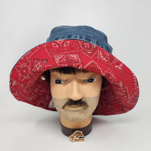 Load image into Gallery viewer, Blue Denim Jeans + Red Bandana Fabric Upcycled Reversible Bucket Hat - Medium