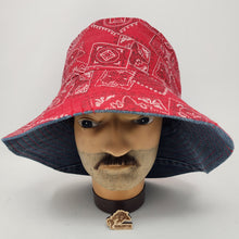 Load image into Gallery viewer, Blue Denim Jeans + Red Bandana Fabric Upcycled Reversible Bucket Hat - Medium