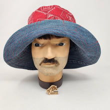 Load image into Gallery viewer, Blue Denim Jeans + Red Bandana Fabric Upcycled Reversible Bucket Hat - Medium
