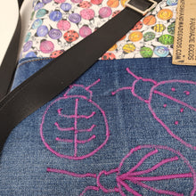Load image into Gallery viewer, Feehand Machine Embroidered High Denim Jeans + Rainbow Ladybugs 10x12 Crossbody 3-way Upcycled Bag