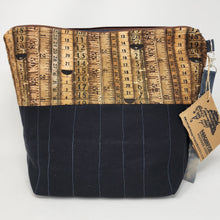 Load image into Gallery viewer, Freehand Machine Embroidered Black Dress Pants + Vintage Yardsticks 14.5x11 Upcycled Project Bag - hand-dyed
