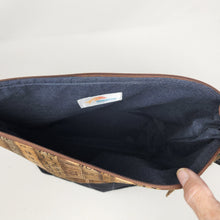 Load image into Gallery viewer, Freehand Machine Embroidered Black Dress Pants + Vintage Yardsticks 14.5x11 Upcycled Project Bag - hand-dyed