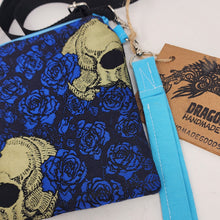 Load image into Gallery viewer, Remnant Brocade Skulls & Roses Crossbody 3-way 6x7 Upcycled Cell Phone Bag - hand-dyed