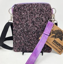 Load image into Gallery viewer, Remnant Black and Purple Brocade Crossbody 3-way 6x7 Upcycled Cell Phone Bag - hand-dyed