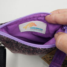 Load image into Gallery viewer, Remnant Black and Purple Brocade Crossbody 3-way 6x7 Upcycled Cell Phone Bag - hand-dyed
