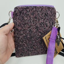 Load image into Gallery viewer, Remnant Black and Purple Brocade Crossbody 3-way 6x7 Upcycled Cell Phone Bag - hand-dyed