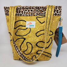 Load image into Gallery viewer, Freehand Machine Embroidered Gold Brocade Remnant + Leopard Flannel Upcycled Tote Bag - hand-dyed