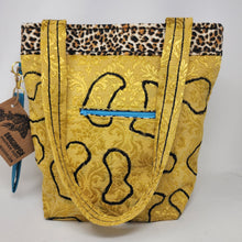 Load image into Gallery viewer, Freehand Machine Embroidered Gold Brocade Remnant + Leopard Flannel Upcycled Tote Bag - hand-dyed