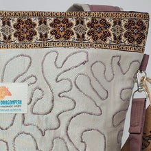 Load image into Gallery viewer, Freehand Machine Embroidered Upholstery Remnant + Handwoven Indian Scarf Upcycled Tote Bag