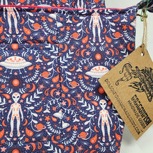 Load image into Gallery viewer, Freehand Machine Embroidered Vintage Men's Suit + Folk Art Alien & UFO Upcycled Messenger Bag