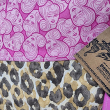 Load image into Gallery viewer, Freehand Machine Embroidered Leopard Canvas Remnant + OOP Barbie fabric 14.5x11 Upcycled Project Bag - hand-dyed