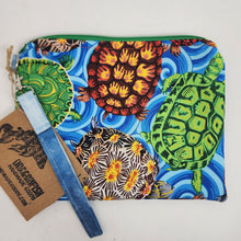 Load image into Gallery viewer, Freehand Machine Embroidered Ikea Blue Denim + Turtles Upcycled 10.5x8 Clutch bag - hand-dyed