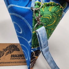 Load image into Gallery viewer, Freehand Machine Embroidered Ikea Blue Denim + Turtles Upcycled 10.5x8 Clutch bag - hand-dyed