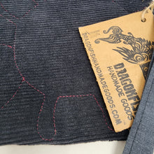 Load image into Gallery viewer, Freehand Machine Embroidered Black Corduroy Pants + Blood Splatter Upcycled 10.5x8 Clutch bag - hand-dyed