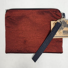 Load image into Gallery viewer, Freehand Machine Embroidered Red Taffeta Drape + Blood Splatter Upcycled 10.5x8 Clutch bag - hand-dyed