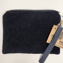 Load image into Gallery viewer, Freehand Machine Embroidered Black Corduroy Pants + Blood Splatter Upcycled 10.5x8 Clutch bag - hand-dyed