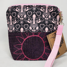 Load image into Gallery viewer, Freehand Machine Embroidered Purple Textured Upholstery Remnant + Pink Peni 8x9 Project Bag