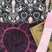 Load image into Gallery viewer, Freehand Machine Embroidered Purple Textured Upholstery Remnant + Pink Peni 8x9 Project Bag