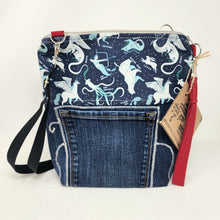 Load image into Gallery viewer, Freehand Machine Embroidered Denim Jeans + Star Constellations 10x11 Upycled Project Bag with strap
