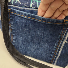 Load image into Gallery viewer, Freehand Machine Embroidered Denim Jeans + Star Constellations 10x11 Upycled Project Bag with strap