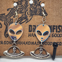 Load image into Gallery viewer, Silvertone Spaceship & Iridecent Alien Earrings