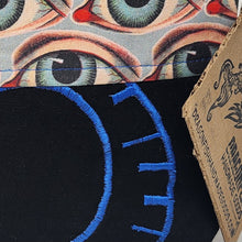 Load image into Gallery viewer, Freehand Machine Embroidered Black Denim Jeans + Custom Eyeball fabric 8x9 Project Bag