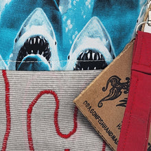 Load image into Gallery viewer, Freehand Machine Embroidered Corduroy Jeans + Jaws Shark Upcycled 8x9 Project Bag