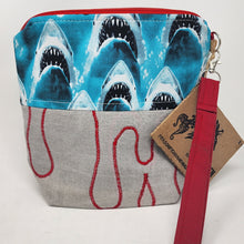 Load image into Gallery viewer, Freehand Machine Embroidered Corduroy Jeans + Jaws Shark Upcycled 8x9 Project Bag