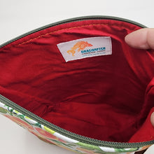 Load image into Gallery viewer, Freehand Machine Embroidered Red Ikea Drape + Custom Peaches Fabric 8x9 Project Bag