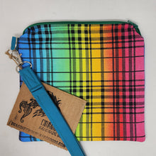 Load image into Gallery viewer, Freehand Machine Embroidered, Hand-Dyed Linen Remnant  + Rainbow Plaid Upcycled 8x7.5 Notions Clutch