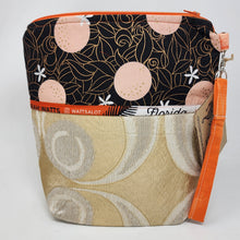 Load image into Gallery viewer, Freehand Machine Embroidered Gold Upholstery Remnant + Oranges Fabric 10x11 Project Bag - hand-dyed