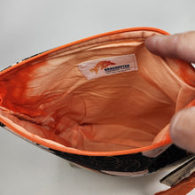 Load image into Gallery viewer, Freehand Machine Embroidered Gold Upholstery Remnant + Oranges Fabric 10x11 Project Bag - hand-dyed