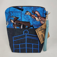 Load image into Gallery viewer, Freehand Machine Embroidered Denim Remnant + 11th Doctor Fabric 10x11 Project Bag