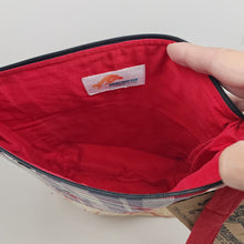 Load image into Gallery viewer, Freehand Machine Embroidered Brocade Gold Tablecloth + Plaid Mouse Fabric 10x11 Upcycled Project Bag