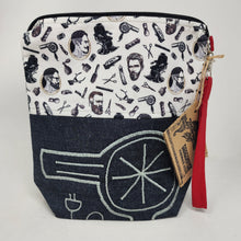 Load image into Gallery viewer, Freehand Machine Embroidered Denim Remnant + Barber Fabric 10x11 Project Bag