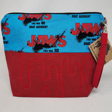 Load image into Gallery viewer, Freehand Machine Embroidered Ikea Drape + Shark Boat Fabric 14.5x11 Upcycled Project Bag