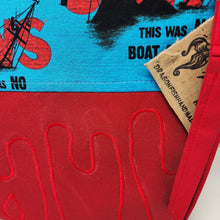 Load image into Gallery viewer, Freehand Machine Embroidered Ikea Drape + Shark Boat Fabric 14.5x11 Upcycled Project Bag